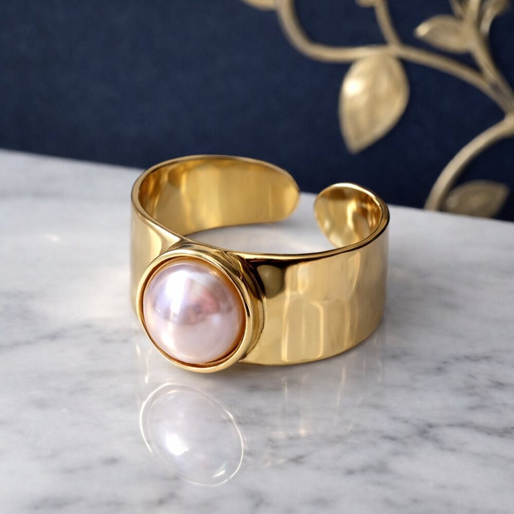 Celestial Statement Ring 18K Gold Plated Adjustable with Faux Pearl Glow - Picture 7 of 10